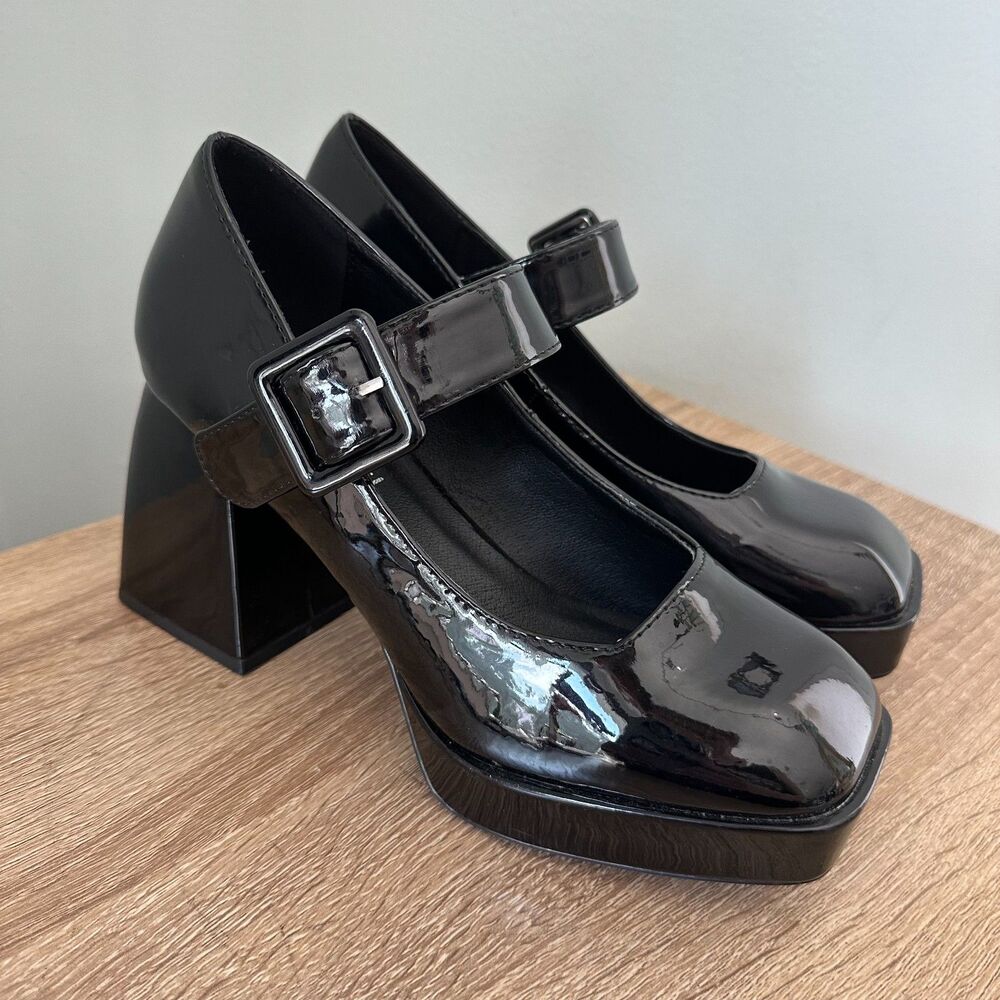 Madden Girl Black Patent Platform Mary Jane Heels Chunky Block Heel Size 7 Y2K